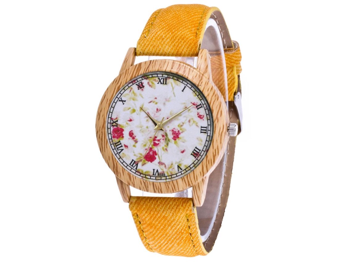 Relógio de Pulso Feminino de Quartzo com Padrão Floral e Pulseira de Jean Amarelo
