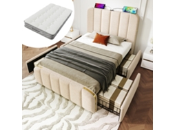 Cama acolchoada 90x200cm com colchão 7 zonas, portas Usb tipo C, cabeceira dourada, 4 gavetas, estrutura em linho, bege KOMHTOM