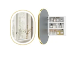 Armário Banheiro do com Espelho e Luzes Led de 3 Cores, Armário Oval de Parede com Função de Memória e Antiembaçamento Dourado