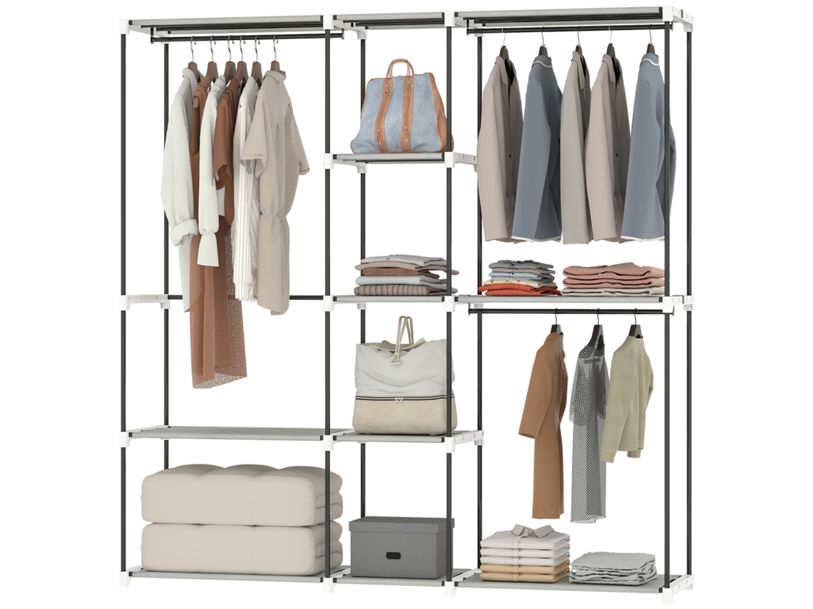 Armário Para Roupas 182x43x185 Cm Aberto Com 8 Prateleiras De Tecido Barras Para Pendurar 182x43x185 Cinza