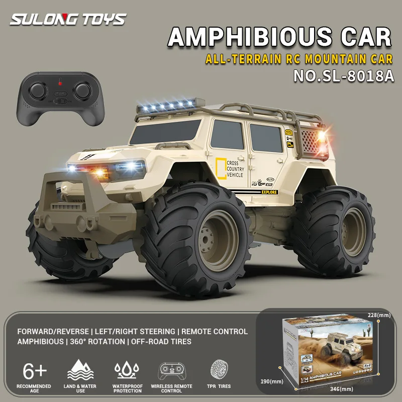 Veículo anfíbio de controle remoto na escala 1/14, 2.4g 4x4, à prova d'água, para terrenos acidentados, com efeitos sonoros e luzes de LED.