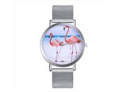 Relógio Feminino de Quartzo com Pulseira de Malha e Padrão de Pássaro em Prata