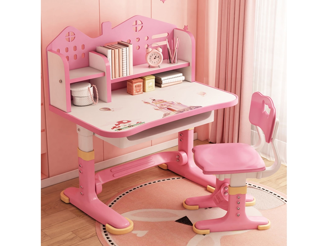Escrivaninha Infantil Com Cadeira, Com Gaveta, Design Ergonómico Para Crianças, Material Em Placa De Madeira E Plástico, Fácil Montagem, Rosa