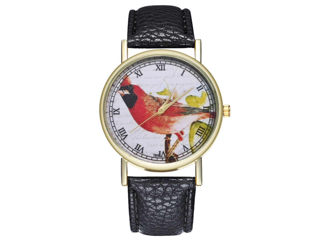 Relógio feminino de quartzo com pulseira de couro PU, estampa de pássaros, preto casual.