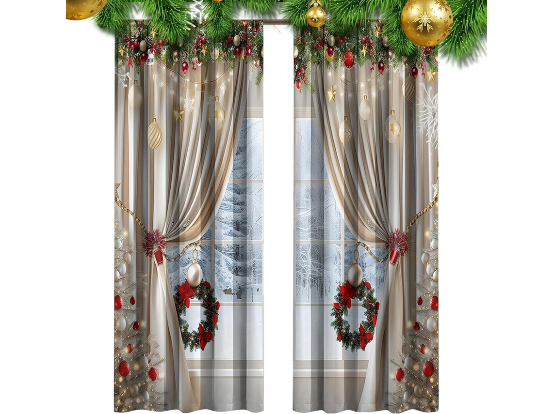 Cortinas De Natal Reutilizáveis Para Sala De Estar Com Estampa De Ramos De Pinheiro |