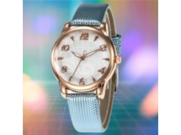 Relógio de pulso feminino com pulseira de PU, mostrador redondo casual, números dourados, azul claro.