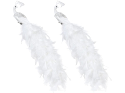 Conjunto de 2 enfeites em formato de pavão branco - 44 cm, com plumas e glitter para casa e árvore.