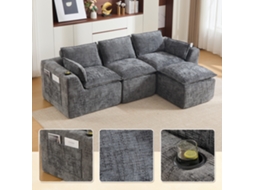 Sofá Modular 3 Lugares Com Pufe, Almofadas, Porta-copos E Bolsos Laterais, Chenille Cinzento