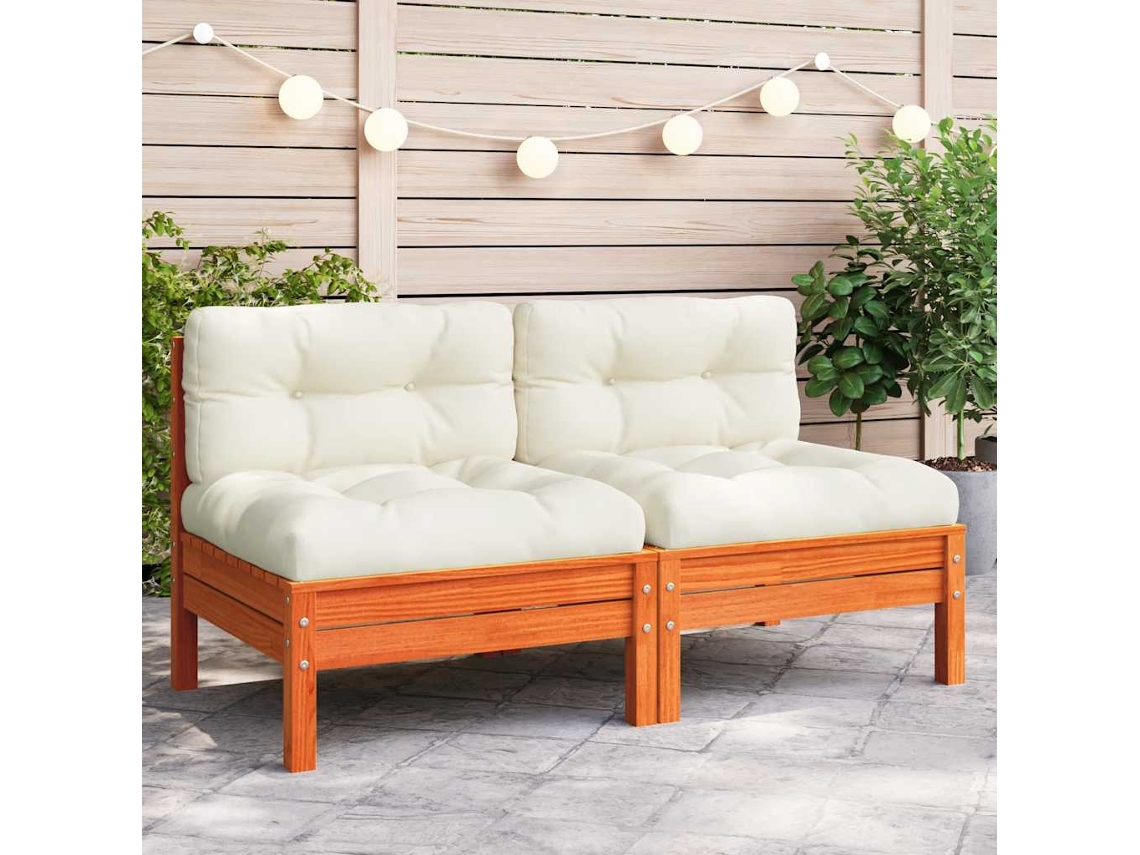 Vidaxl Sofá Jardim S/ Braços C/ Almofadões Pinho Maciço Castanho Cera