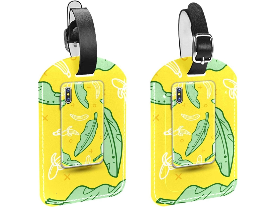 Conjunto De 2 Etiquetas Bagagem Mão Masculinas, Com Estampa De Folha Bananeira Amarela E Design Celular, Em Couro