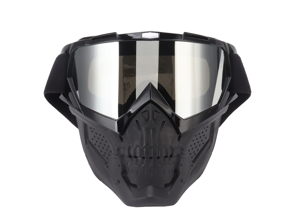 Óculos de proteção para motociclismo com proteção UV e à prova de vento para capacete, lentes pretas e prateadas.