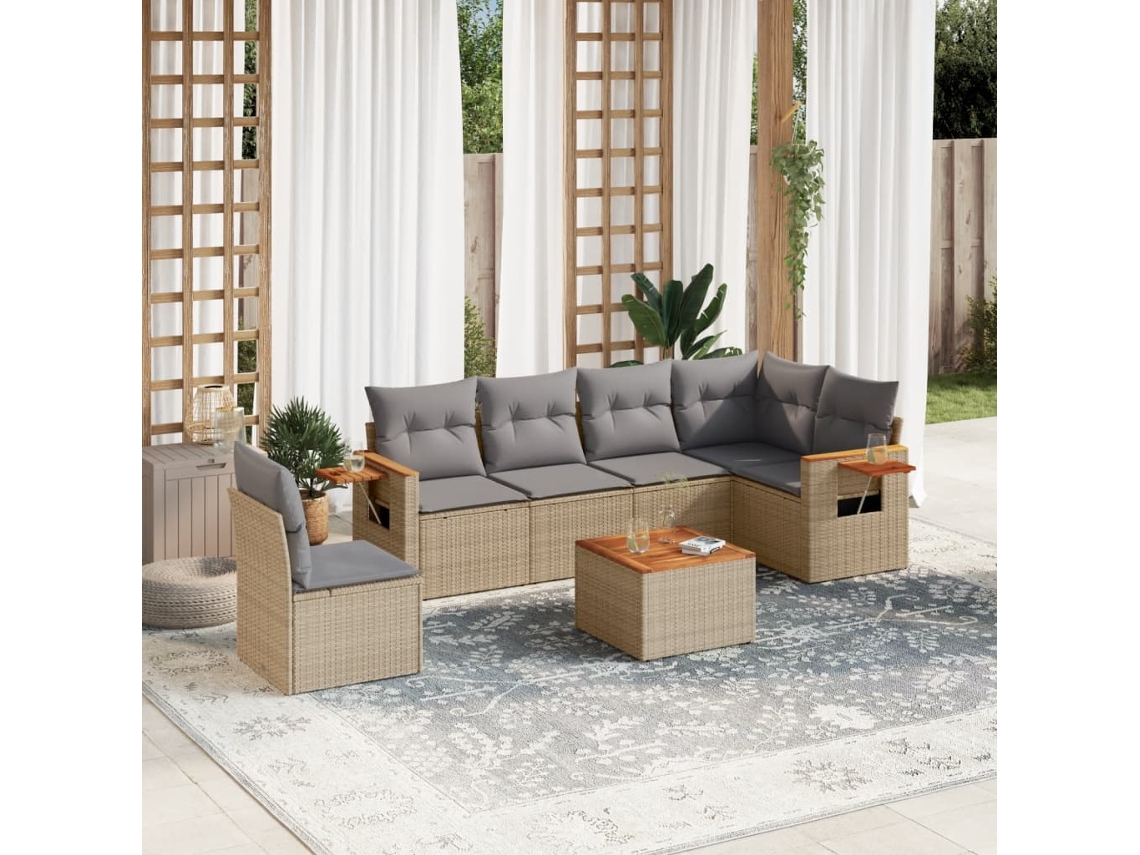 Vidaxl 7 Pcs Conjunto De Sofás P/ Jardim Com Almofadões Vime Pe Bege
