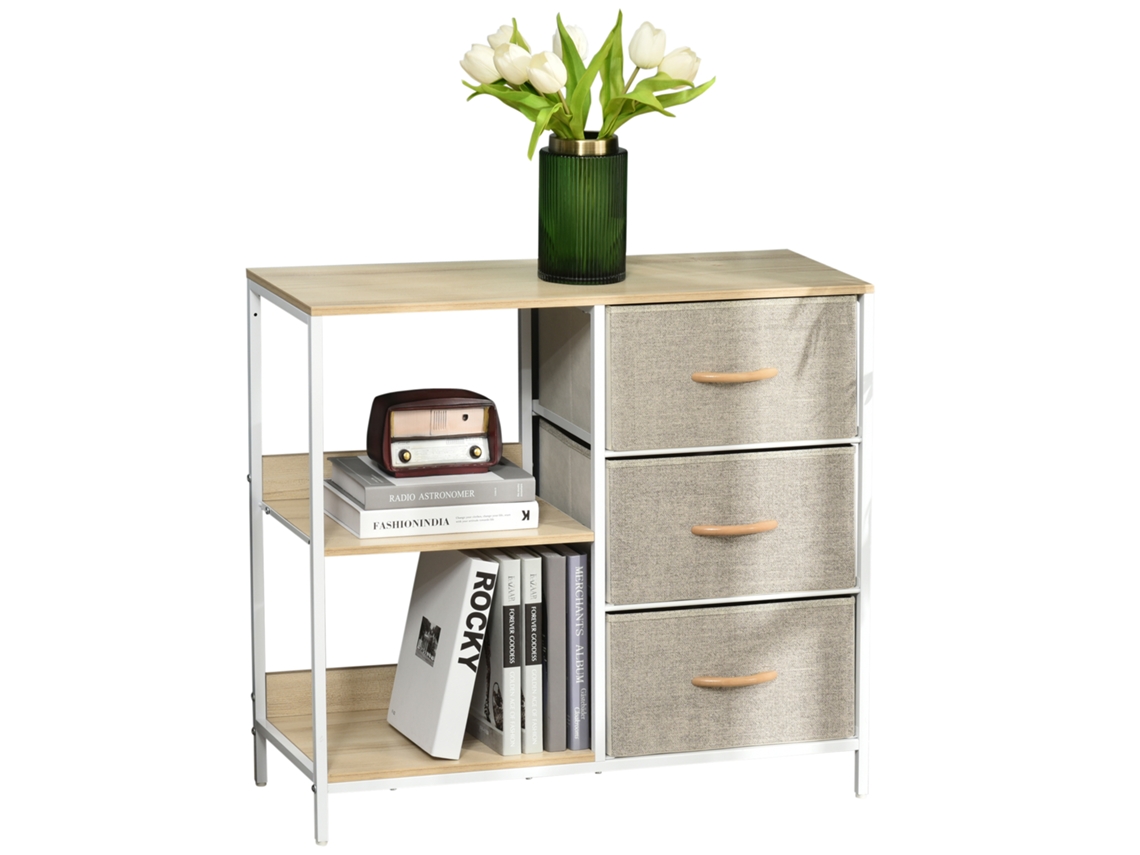 Cómoda Com Gavetas de Tecido Mdf, Poliéster e Metal Cor Madeira e Cinza Claro 80x29x71 cm Homcom