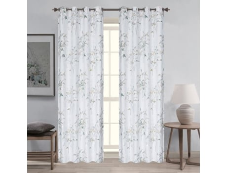 Par De Cortinas Blackout Com Ilhos Em Estampa Vegetal Verde 140x260 Cm