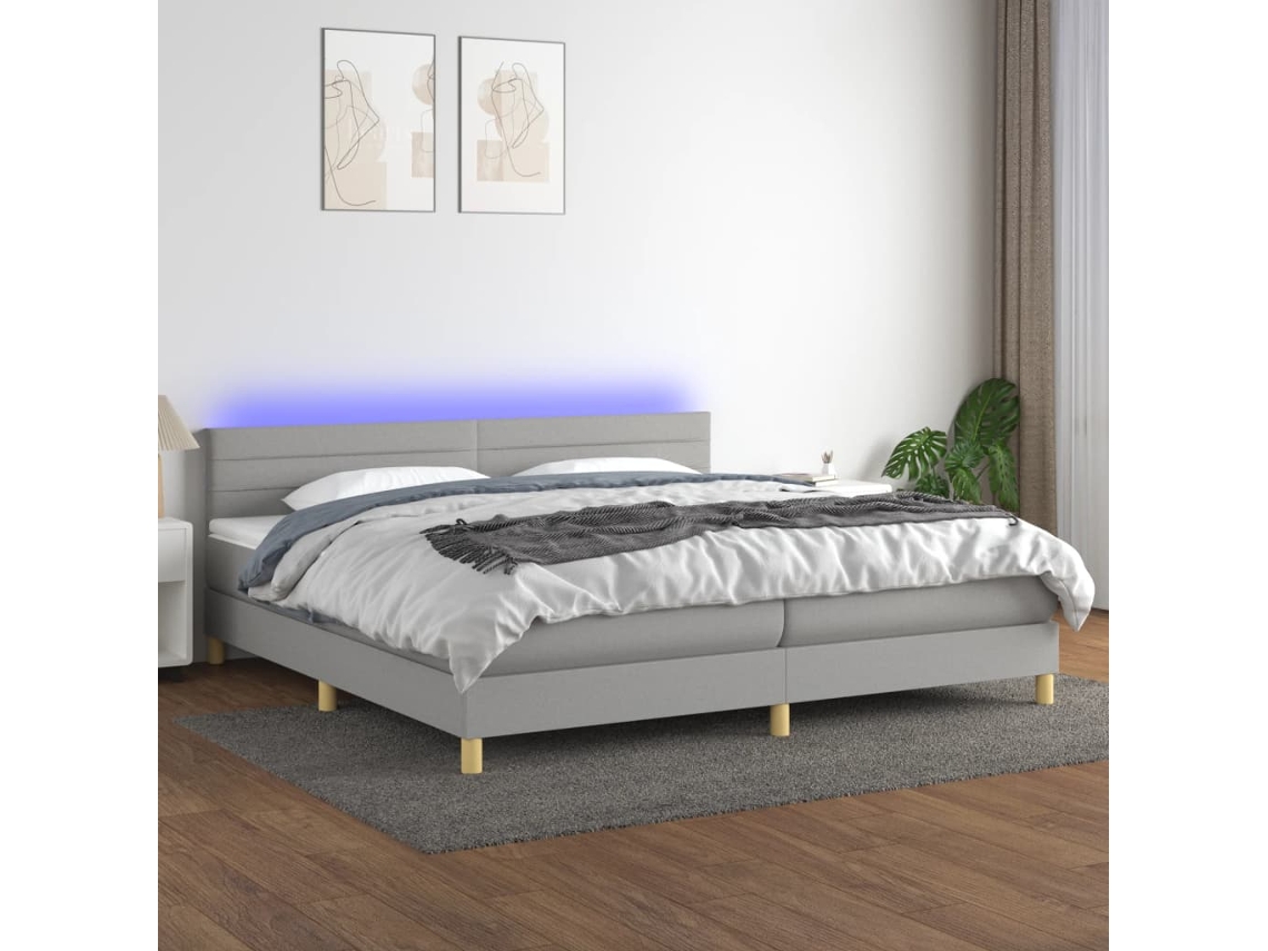 Cama Box Spring C/ Colchão E Led 200x200 Cm Tecido Cinza-claro