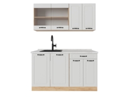 Cozinha R-Line, 140cm, PT Mármore, Branco campagnard/Carvalho dourado VICCO