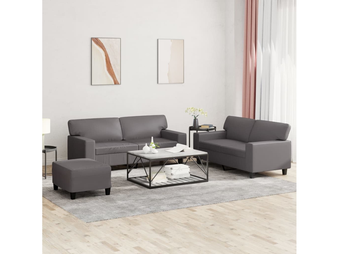Vidaxl 3 Pcs Conjunto De Sofás Couro Artificial Cinzento