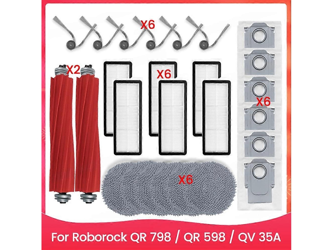 Kit De Acessórios Para Roborock Qr 798 / Qr 598 / Qv 35a: Rolo Principal, Escova Lateral, Filtro Hepa, Pano De Limpeza, Sacos De Pó.