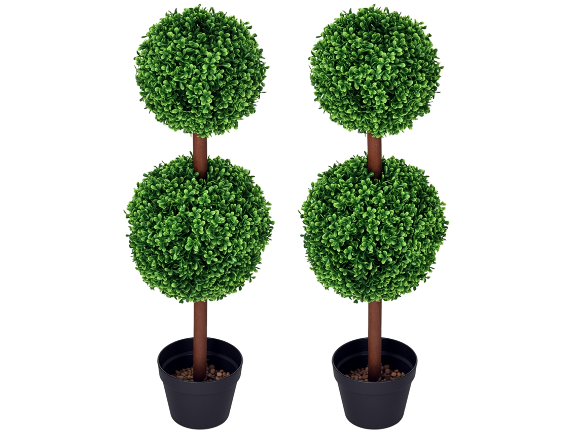 2 Buxo Artificial Bola Dupla 90cm Vaso Tronco Verde