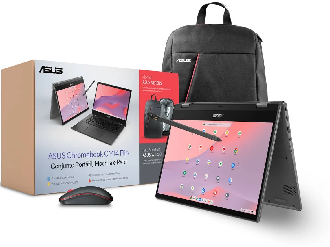 Pack Portátil ASUS Chromebook CM1402FM2A (14'' - MediaTek Kompanio 520 - RAM: 8 GB - 128GB eMMC- ARM Mali-G52 MC2) + Mochila + Rato