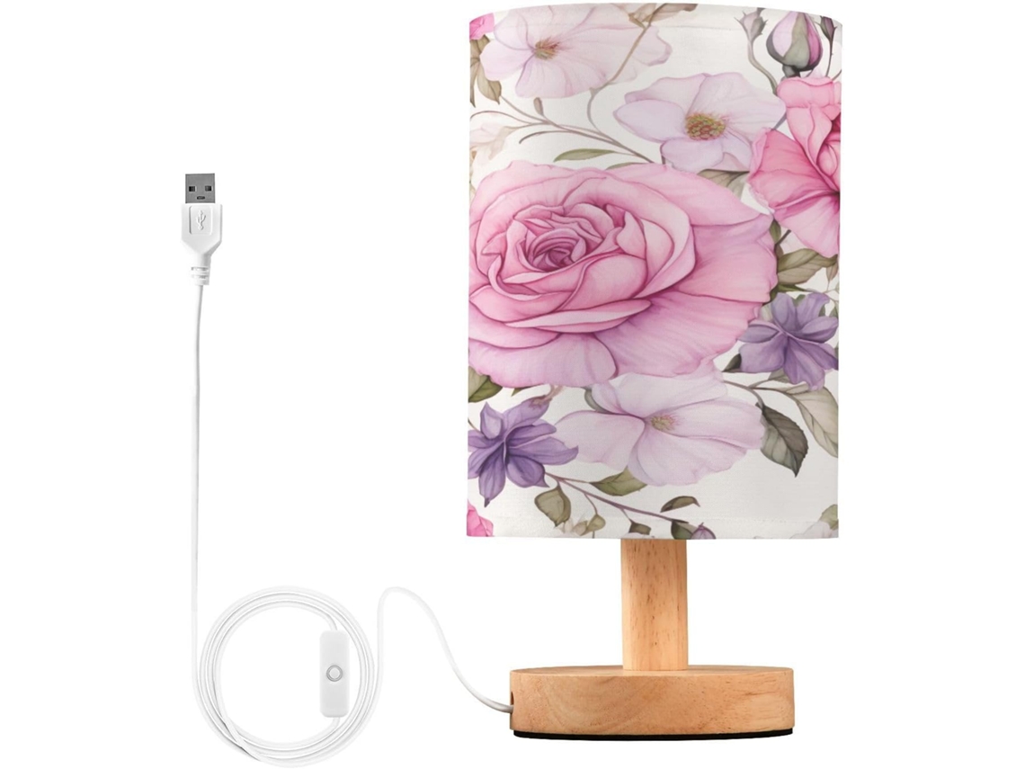 Abajur De Cabeceira Com Estampa Floral Em Aquarela, Portas De Carregaje USB C, Luminária De Mesa Cabeceira, Luminária