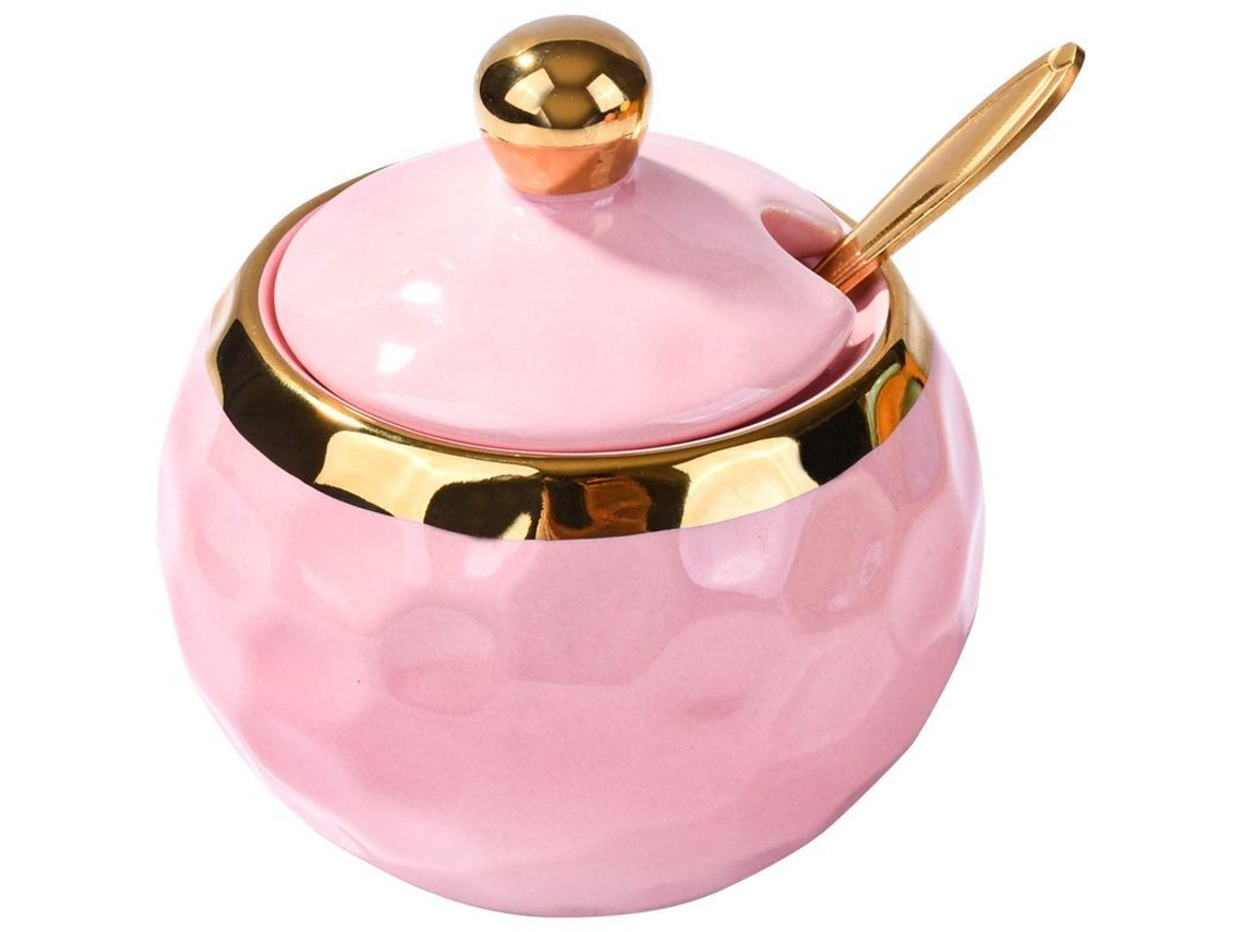 Nova Line tigela de Açúcar de Cerâmica em Forma de Golfe com Tampa e Colher Dourada Rosa para Casa e Cozinha