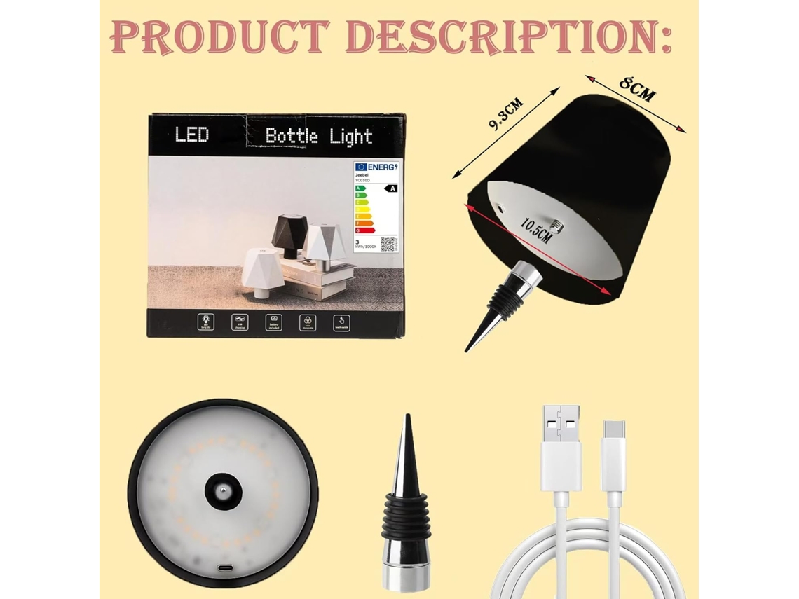 Luminária Para Garrafa De Vinho, 3 Cores, Ajuste Contínuo De Intensidade, Sem Fio, Recarregável Via Usb, Led Sensível Ao Toque(preto E Dourado)