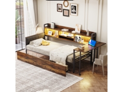 Sofá-cama Ferro 90x200cm Madeira, Led, Armazenamento, Gavetas, Soquete, Escrivaninha-op