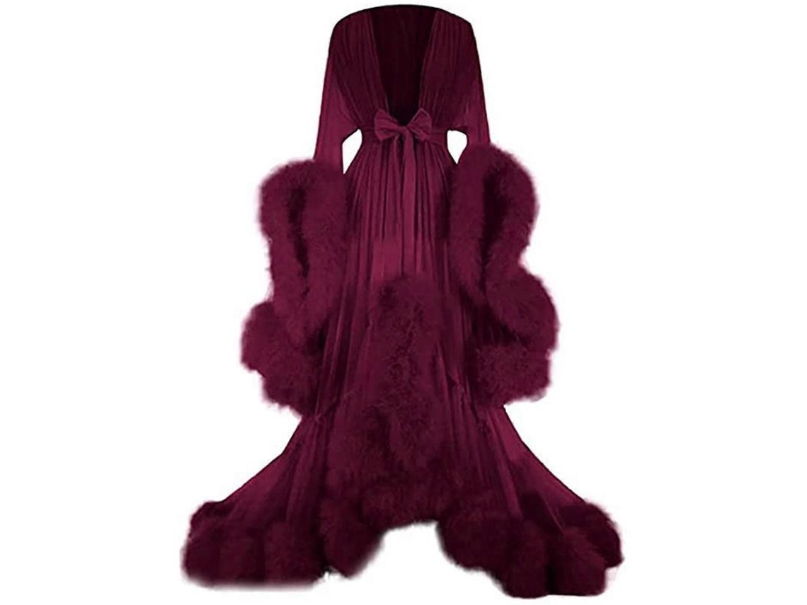 Vestido Largo de Plumas com Mangas Flare para Festas de Solteira Cor Vinho Tinto S Vino Tinto