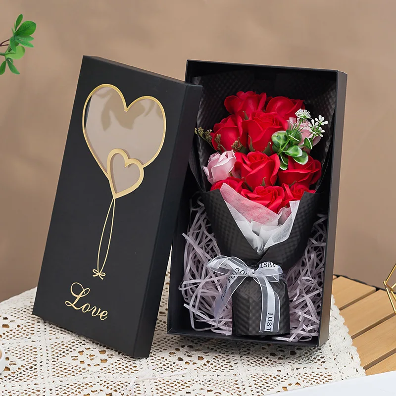Caixa De Presente Com Rosas Artificiais Vermelhas, Buquê De Simulação Feito À Mão, Presente Criativo Para O Dia Dos Namorados.