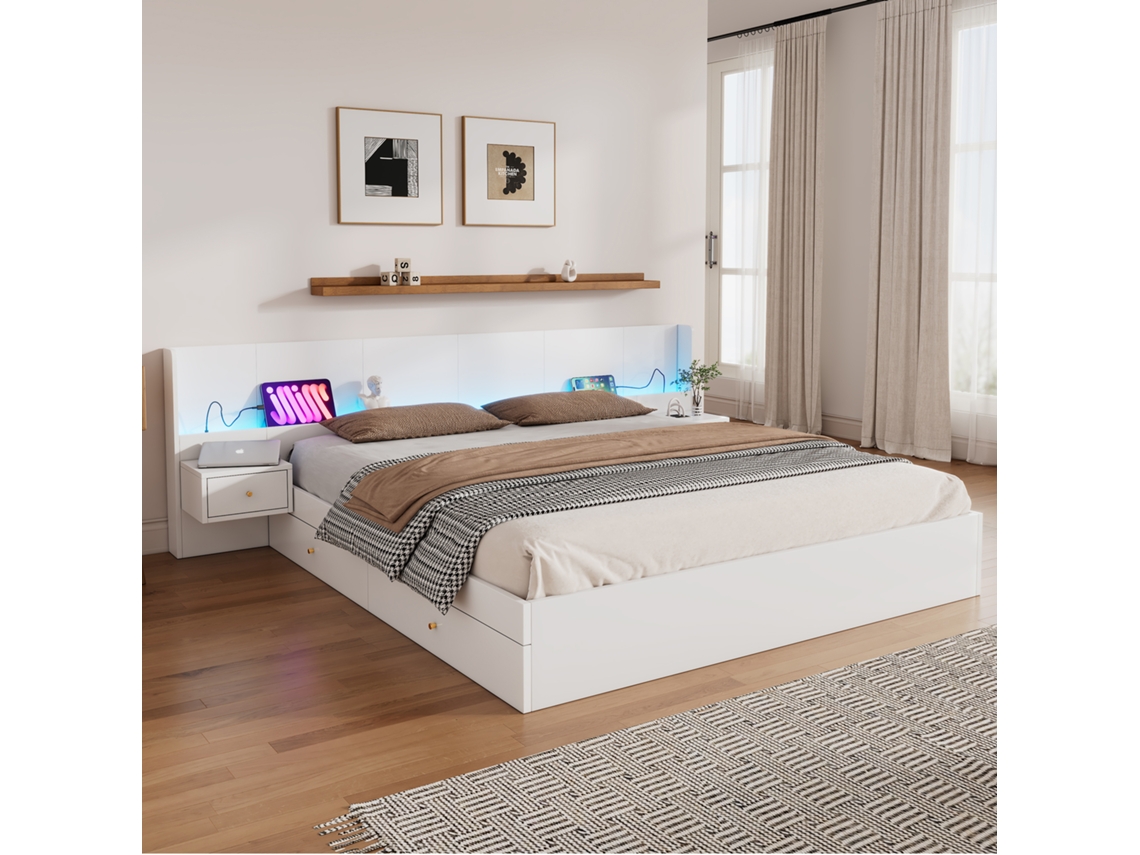 Cama de Veludo VSOGA 180x200 cm com arrumação, luzes led, gavetas, ripas, sem colchão