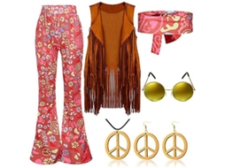 2026 traje Hippie Retro de Los Años 70 Con Chaleco de Flecos, Pantalones Y Bufanda para Fiestas, Disfraces Y Carnaval