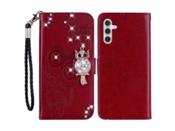 Compre Capa Carteira De Couro Com Estampa De Coruja E Strass Para Samsung Galaxy S24 Fe, Vermelha