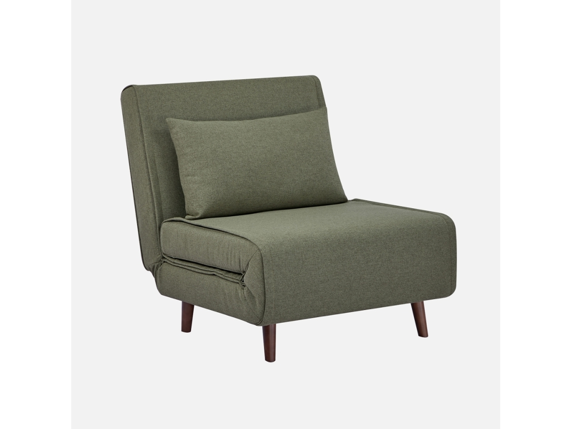 Poltrona Cama Em Tecido Simples Com Base Em Madeira, Verde Caqui