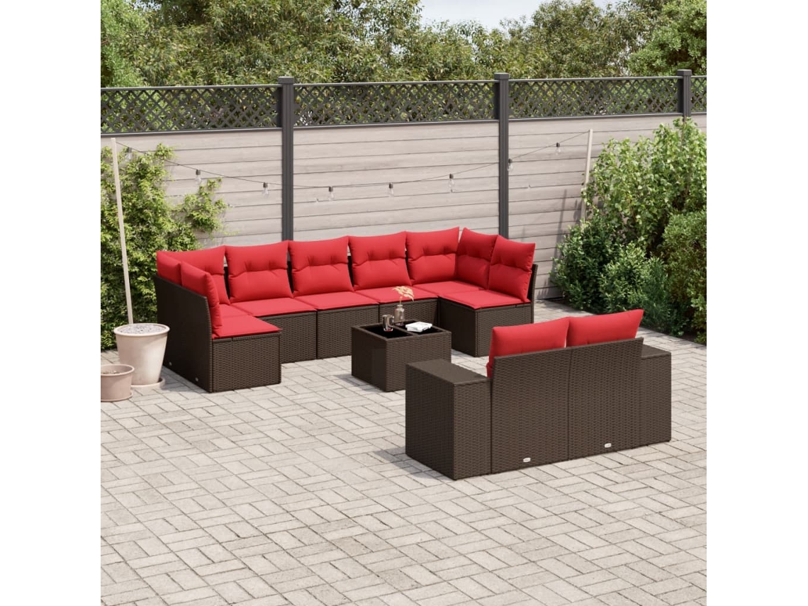 Vidaxl Conjunto De Sofá De Jardim Com 10 Peças E Almofadas Em Rattan Sintético Marrom