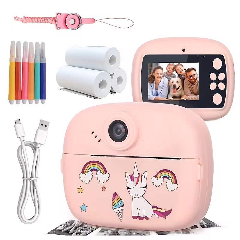 Câmera Instantânea Dupla Lente Para Crianças Com 2.4 Tela, Jogos, Música E Impressão Presente Infantil Rosae