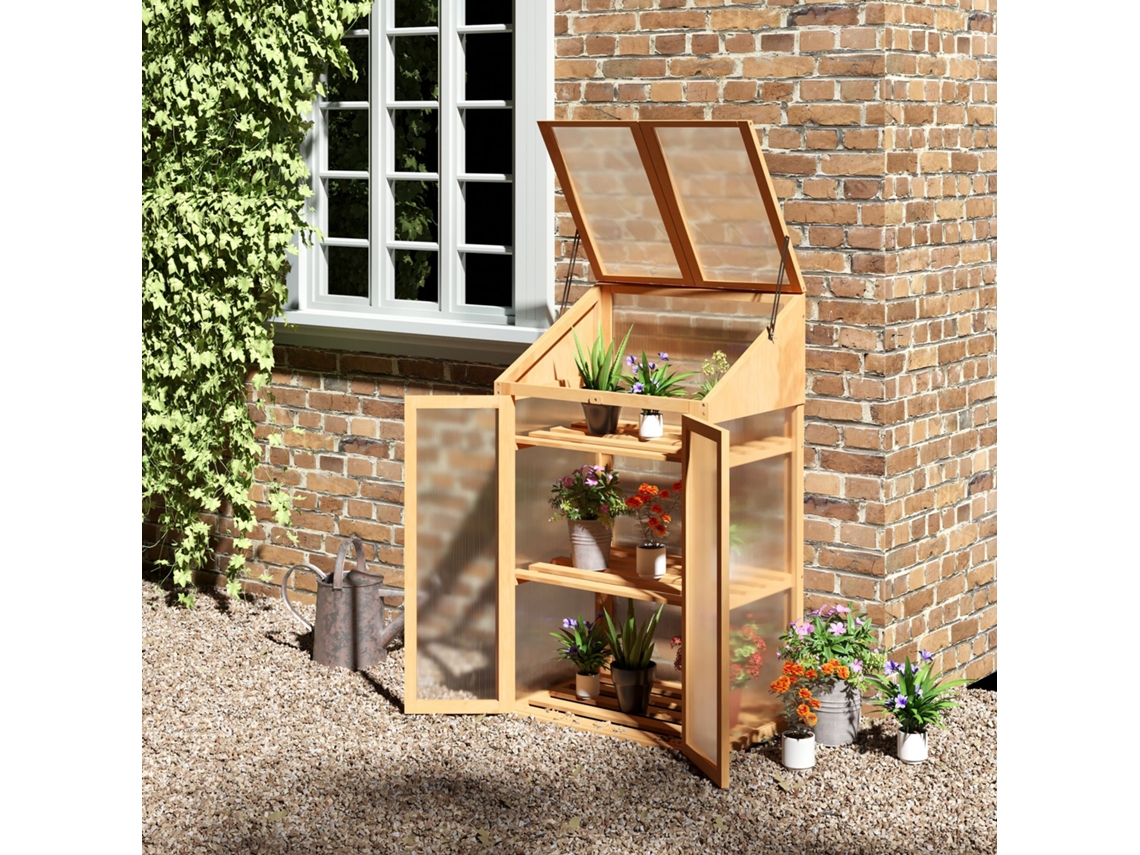 Estufa Compacta De Madeira Com Porta Dupla E Janelas, 3 Prateleiras, 70x50x120 Cm, Cor Marrom