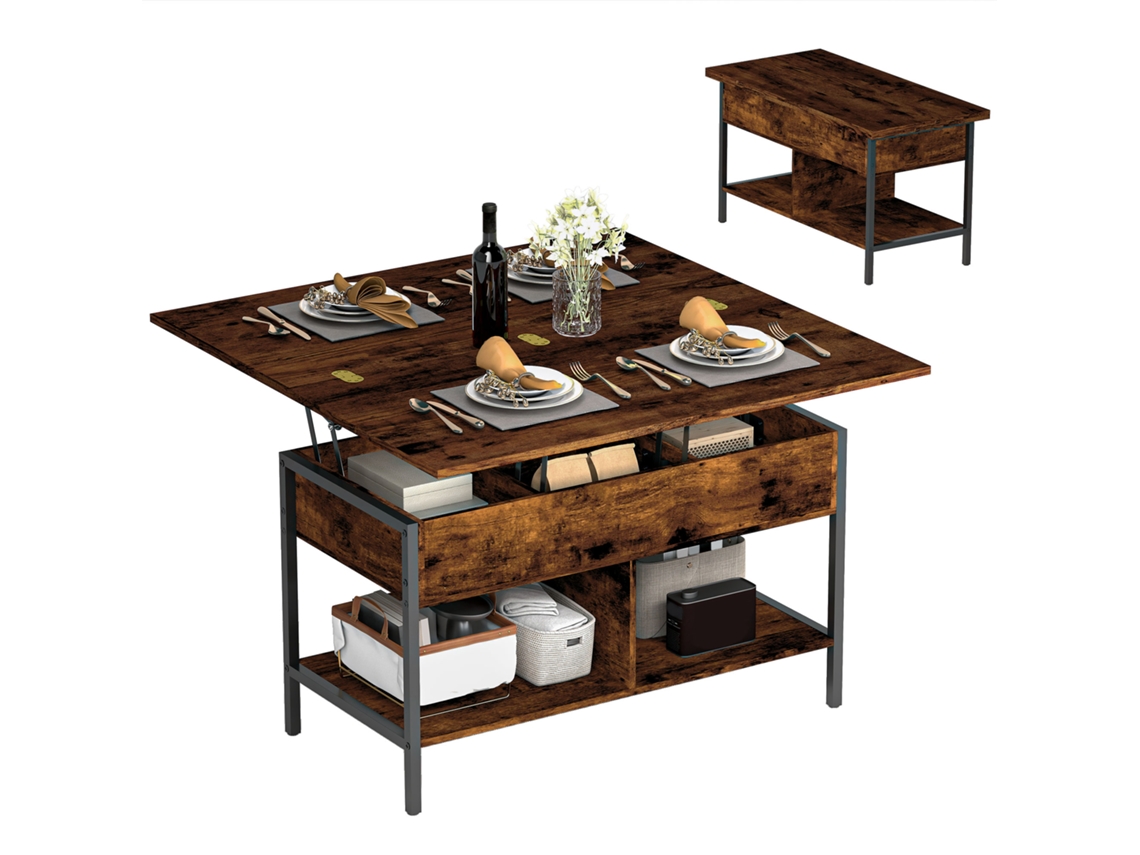 Mesa De Centro Retrátil E Extensível, Mesa De Centro Com Compartimento Oculto Prateleiras Abertas, 98x49x55cm, Marrom Rústico