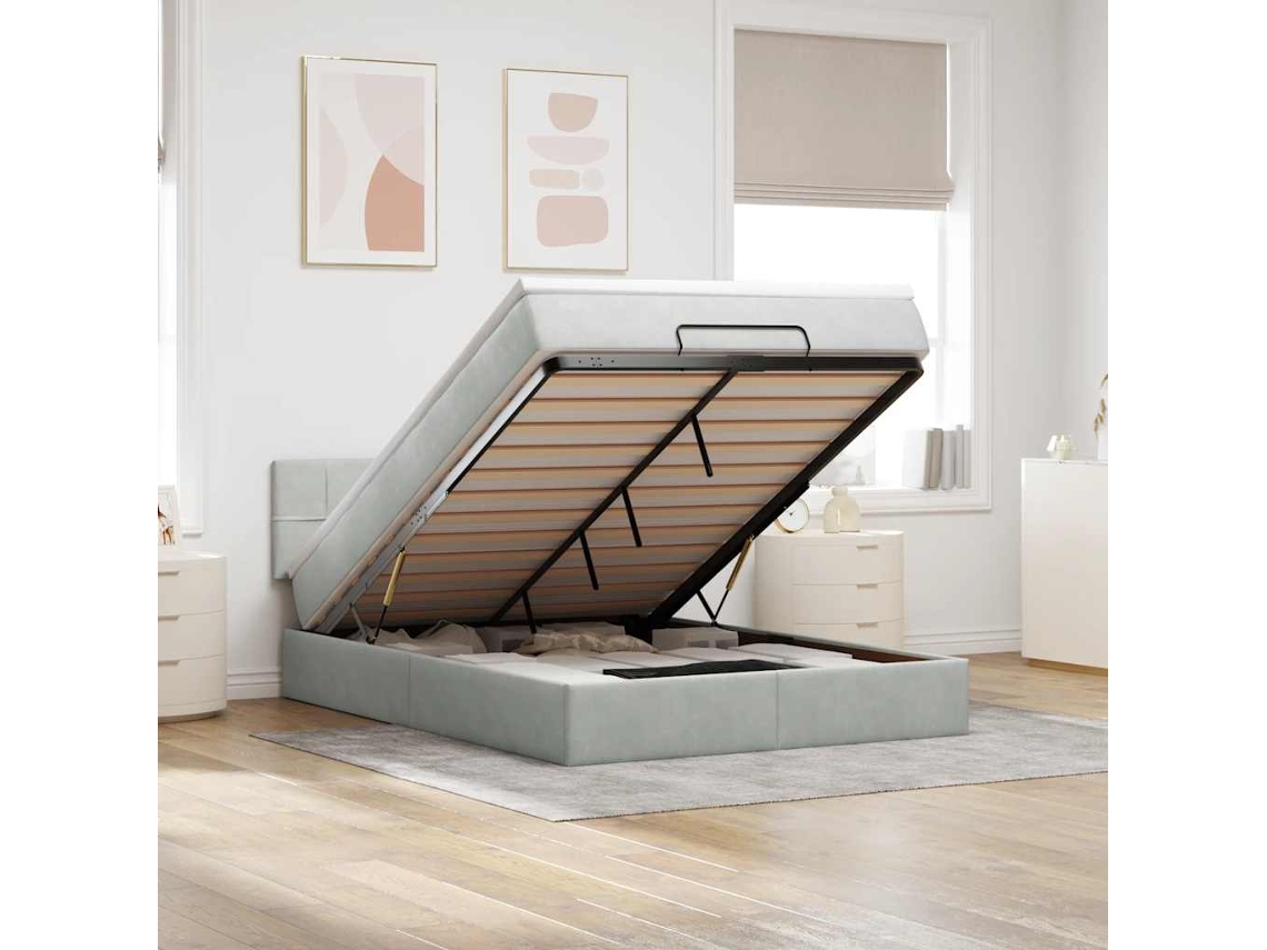 Estrutura De Cama Otomana Com Colchão 140x190 Cm Cinzento Claro