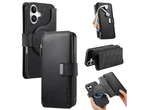 Caseneo Capa Em Couro Pu, Magnético Para Apple Iphone 16 Preto