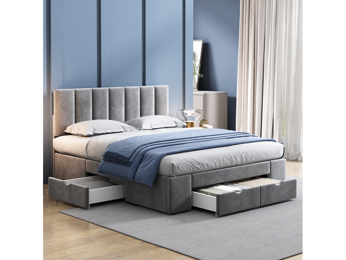 Cama 140x200 Veludo Cinza com 4 Gavetas