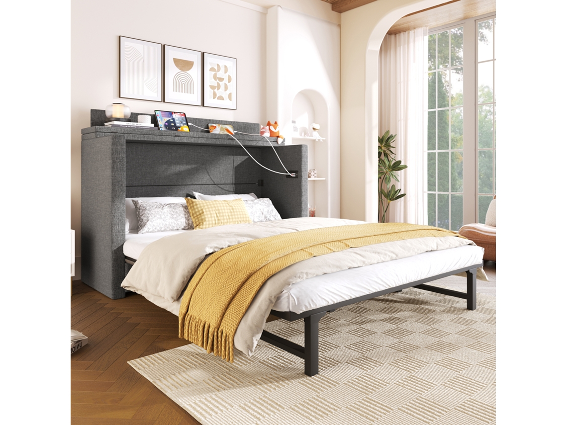 Cama Armário 140x200 Linho Cinza Com Gaveta Prateleira Usb Tipo-c