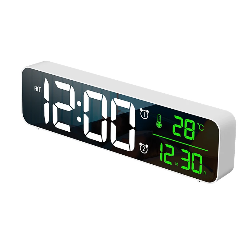 Relógio de parede digital LED (branco) com visor de temperatura e data, 40 níveis de toque e dois alarmes.