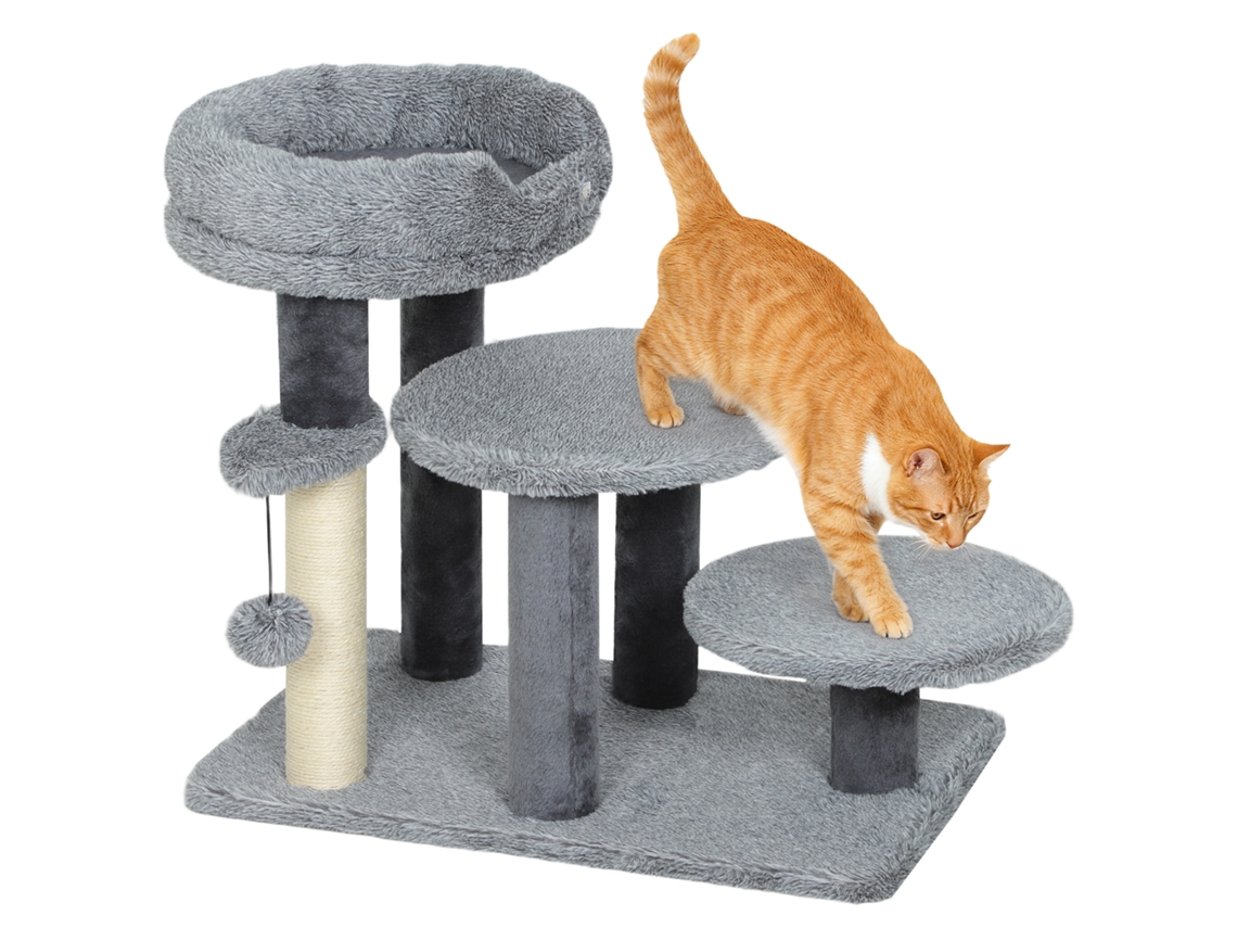 Arranhador Cinza Com Escada Integrada, Base Larga E Tecido Suave, Coluna Vertical De Sisal