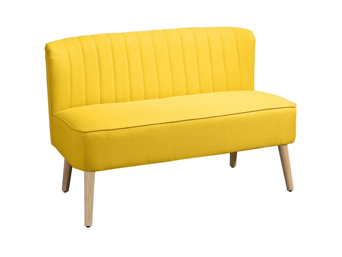 Sofá de 2 Lugares em Tecido de Linho, Sem Apoios de Braço e Pernas de Madeira 117x56,5x77 Cm Amarelo S/MARCA