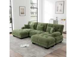 Sofá Cloud Luxo Em U Com Pufe E Assento Profundo Em Chenille Verde
