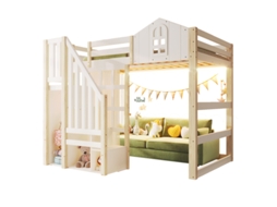 Cama Alta, 140x200cm, com Luzes Led, Design com Janela, Escada de Arrumação, Compartimento de Arrumação Aberto, Tela Mosquiteira, Sem Colchão DELCOND