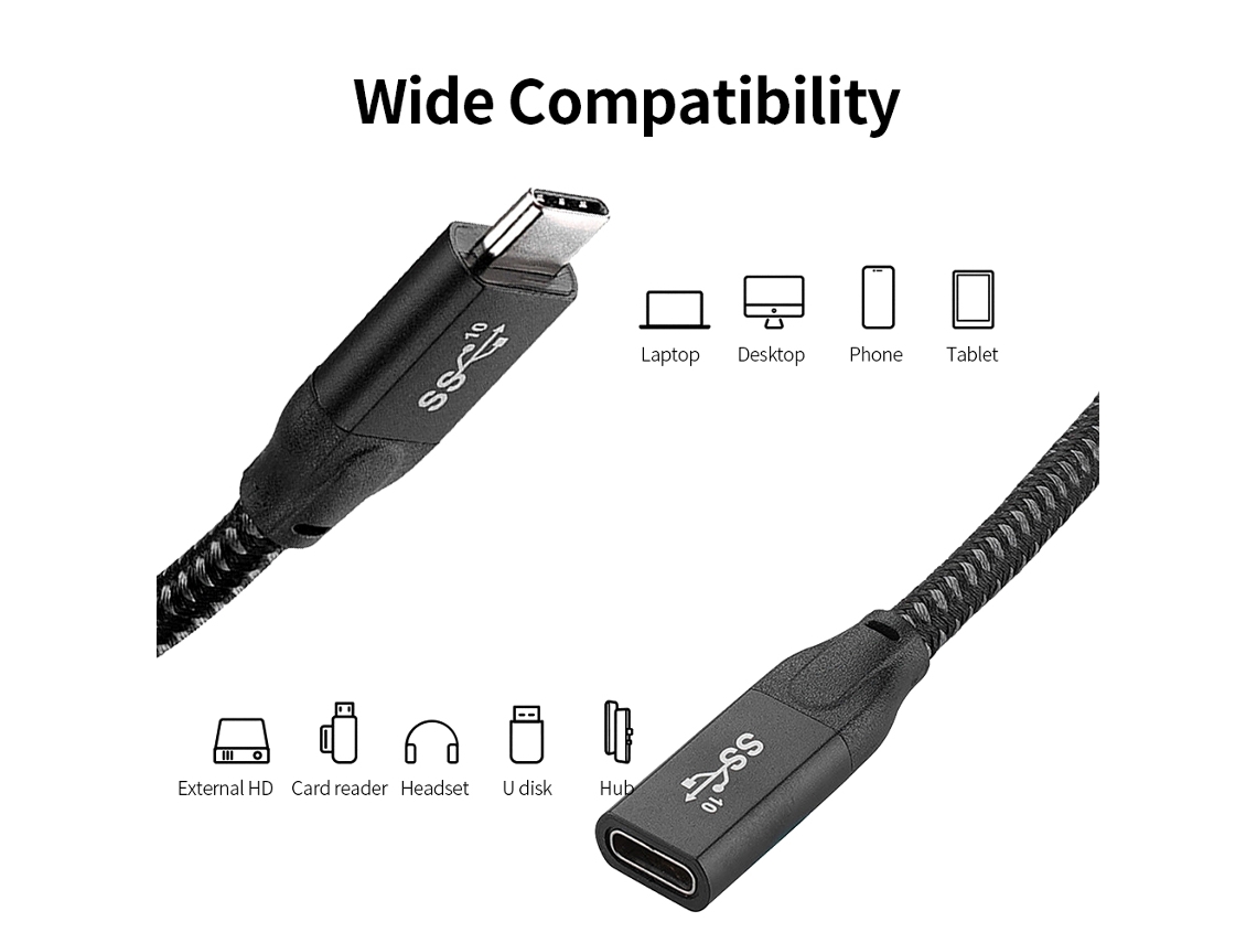 Cabo De Extensão Usb C 3.1 Gen2 20gbps Pd100w, 4k, Compatível Com Thunderbolt3, Preto 0.3m Luz Dourada