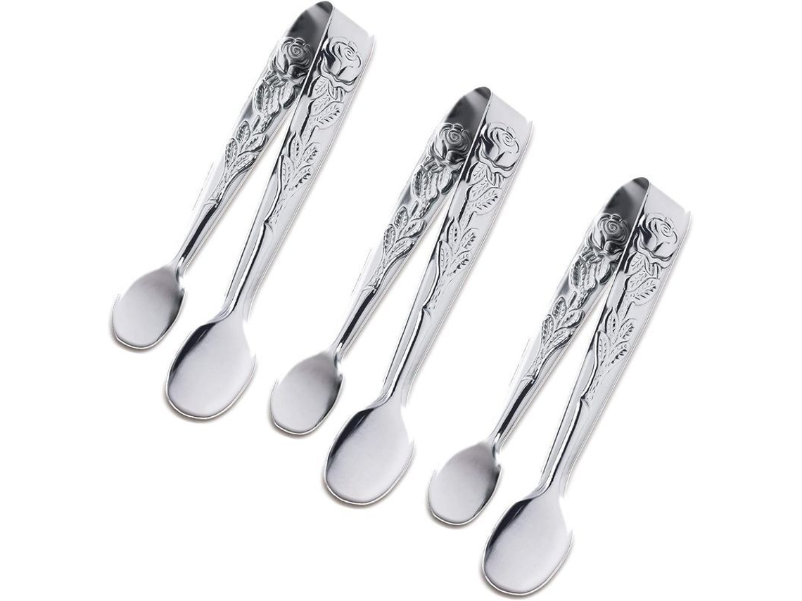 Pinça de servir Rebe Mini, 10,16 cm, em aço inoxidável com design de rosa, para cubos de açúcar, gelo e pequenos alimentos.