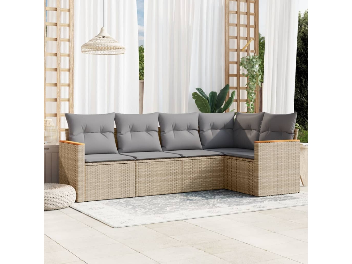 Vidaxl 5 Pcs Conjunto De Sofás P/ Jardim Com Almofadões Vime Pe Bege